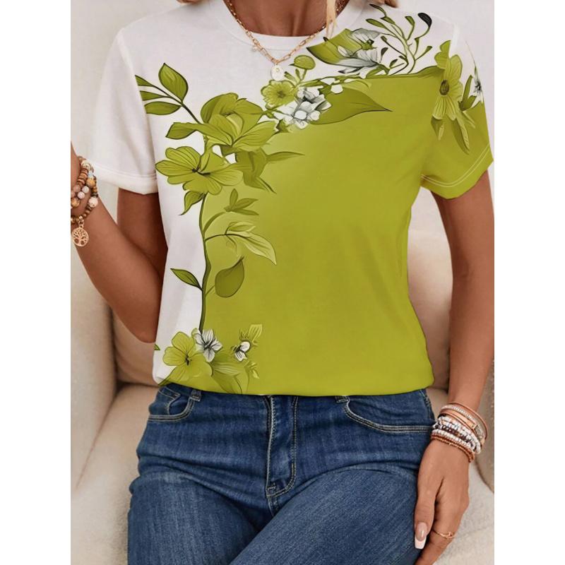 2026Women's Fresh Floral Print Round Neck Short Sleeve T Shirt Two-tone casual everyday versatile top