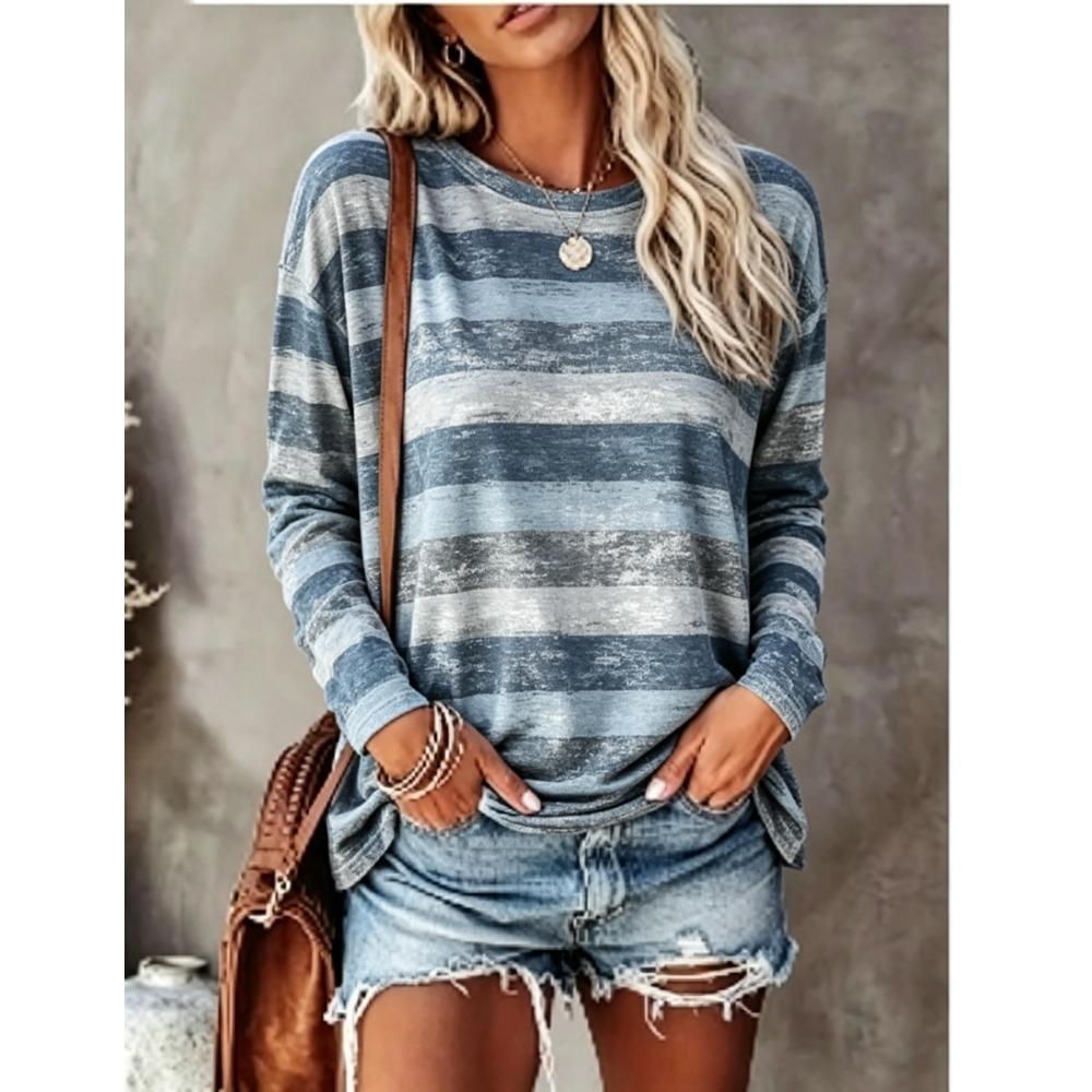 Damen Langarm-T-Shirt Vintage Ausgeblichener Farbblock Streifenprint Rundhalsausschnitt Lässige Herbst-Oberteile