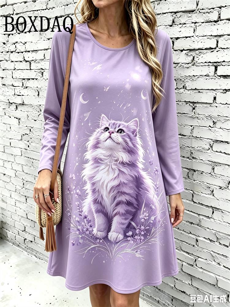 Women's Elegant Party Mini Dress Loose Crew Neck Short Sleeve Home Dress Summer Casual Daily Graphic Animal Cats 3D Print Dress
