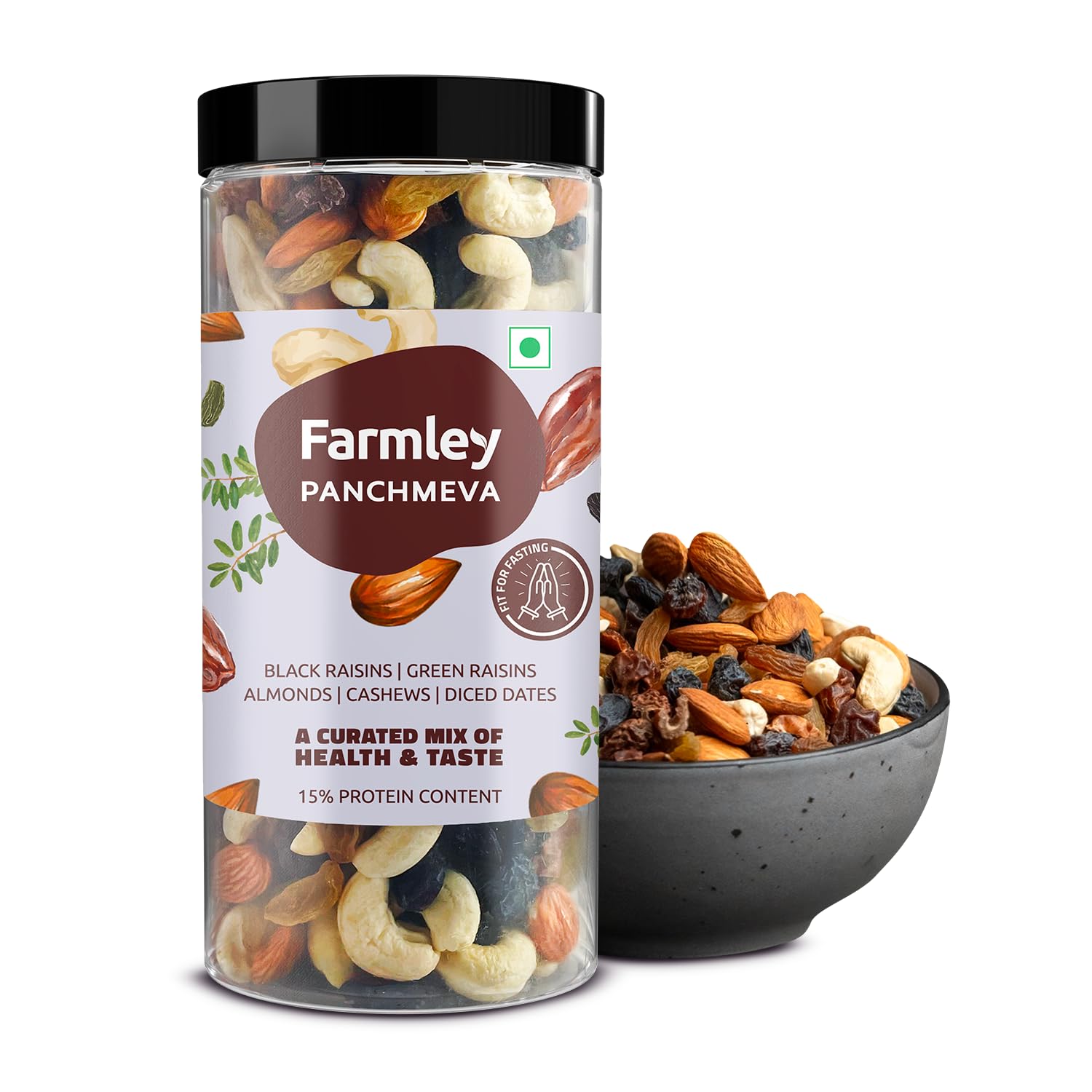 

Farmley Panchmeva Dry Fruits Mix, 405g I Fit for Fasting | Healthy Snacks Mixed Nuts Contains Almonds, Cashews, Dates, Black Raisin, Green Raisin