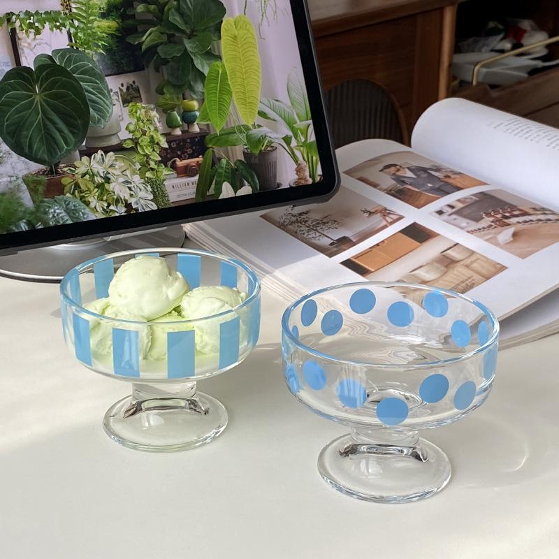 Ins Simple Blue Striped Polka Dot Tall Dessert Ice Cream Cup, Small Fresh Glass, Yogurt Pudding Cup