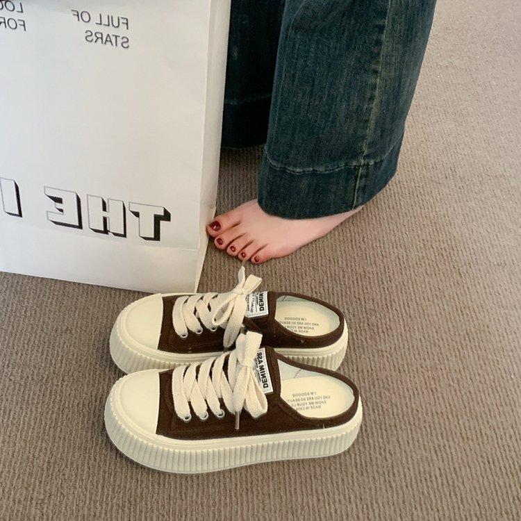 

Платформенные парусиновые туфли женские 2025 лето новая женская обувь ракушка носок тонкие легкие повседневные слипоны 40 коричневый