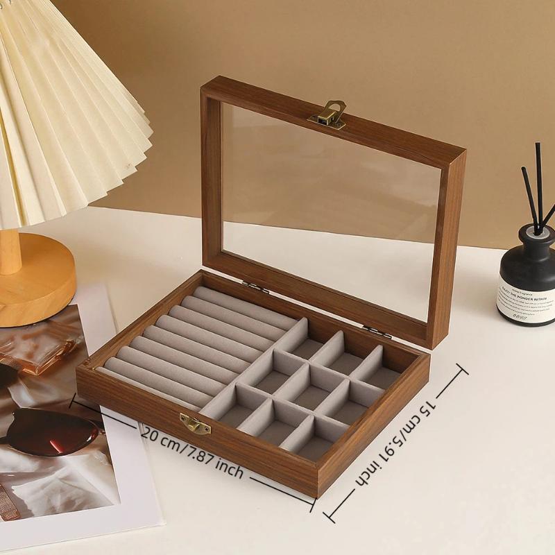 Vintage Jewelry Wood Storage Box Velvet Glass Lid Jewelry Organizer Case Dust-Proof Bracelet Ring Earring Display Holder