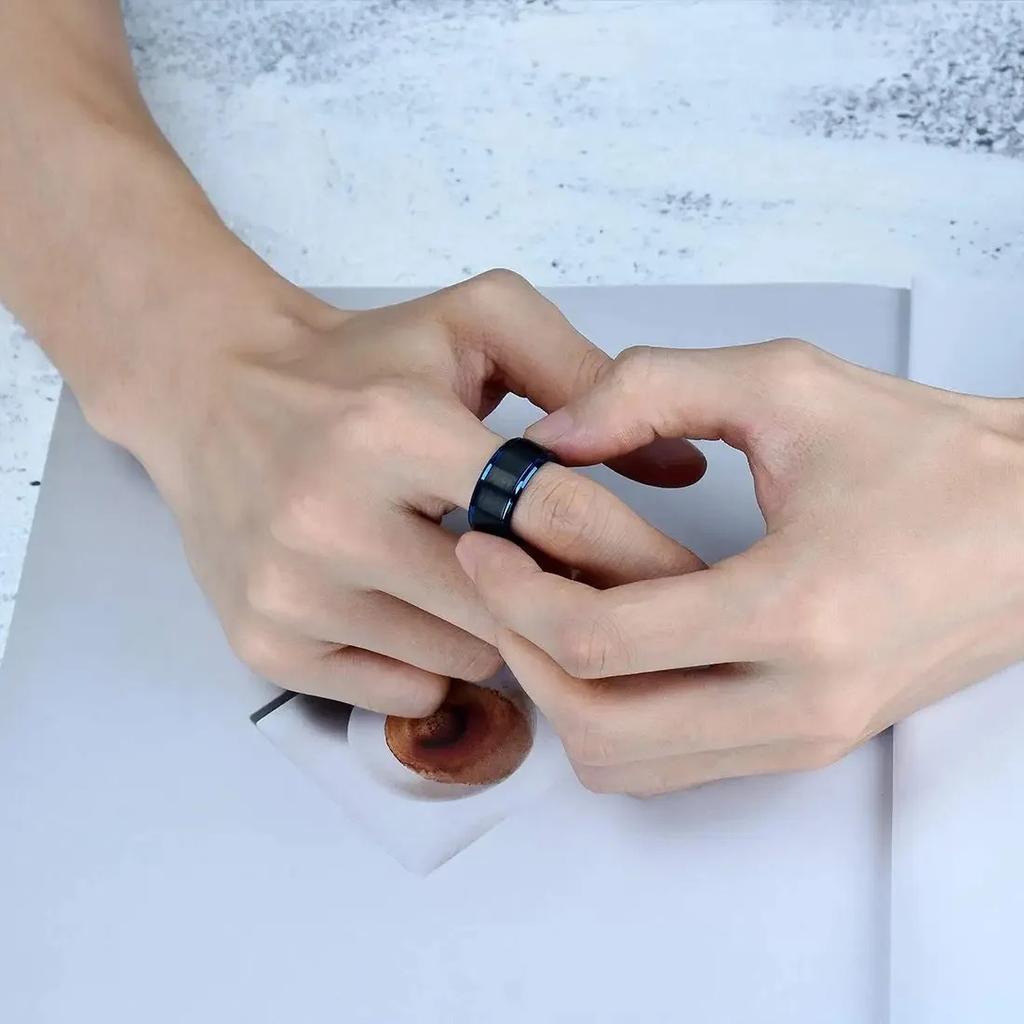 Fashion 8mm Black Brushed Titanium Rings for Men Women Blue Color Edge Men Stainless Steel Ring Wedding Party Jewelry Gifts