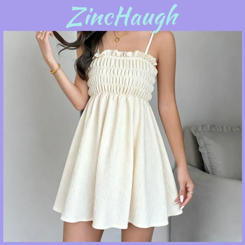 Vintage French Elegant Polyester Slip Dress With Ruffle Detailing For Women