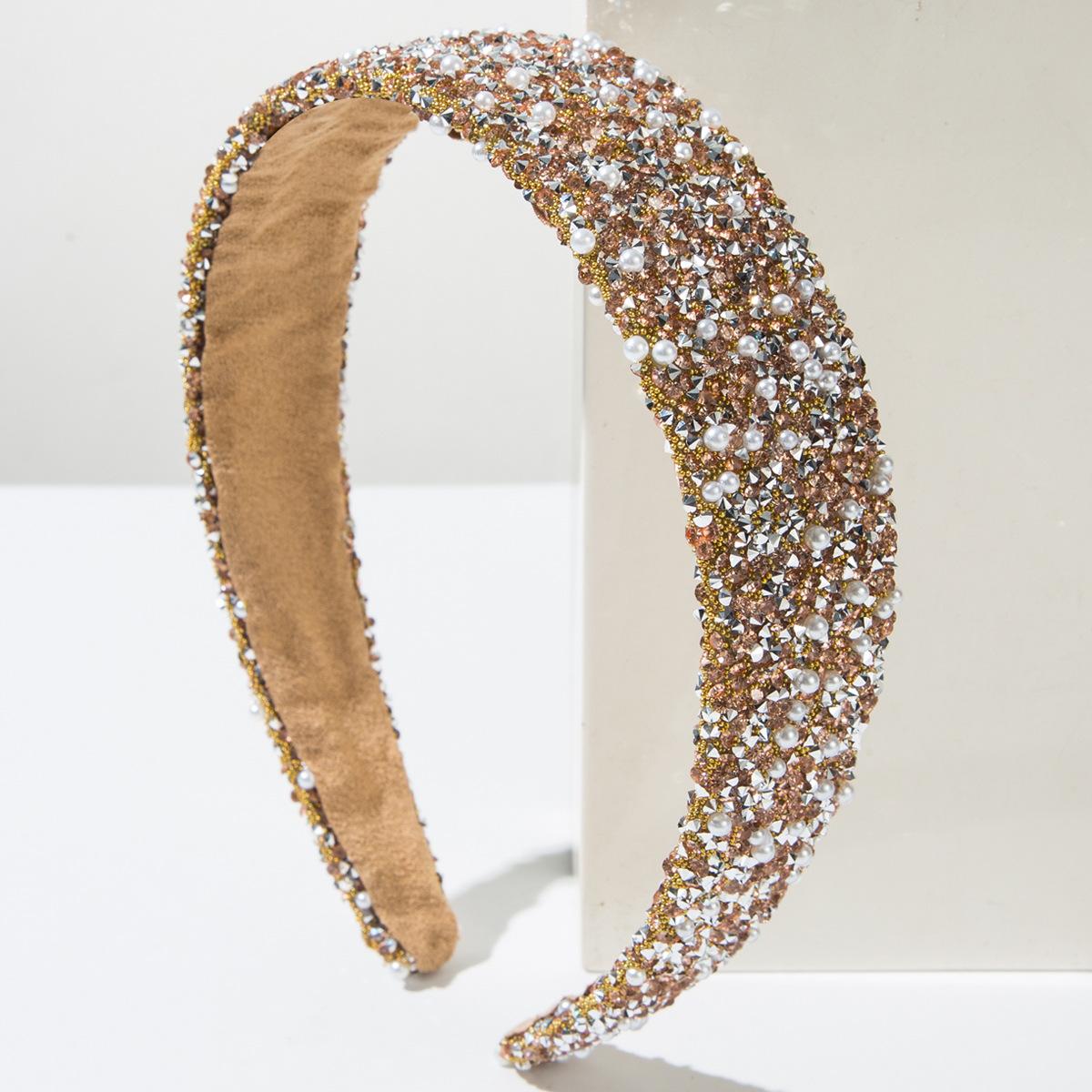

2026 New Color Headband Pearl Full Diamond Korean Super Flash Light Luxury Rhinestone Headband Niche High-end Hair Accessories Women света кофе
