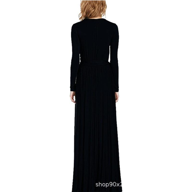 Floor-length Dress Classic Long-sleeved V-neck Solid Color Sexy Dress