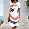 Women Plus Size Blue White Printed Round Neck Short Sleeve A Line Midi Dress
