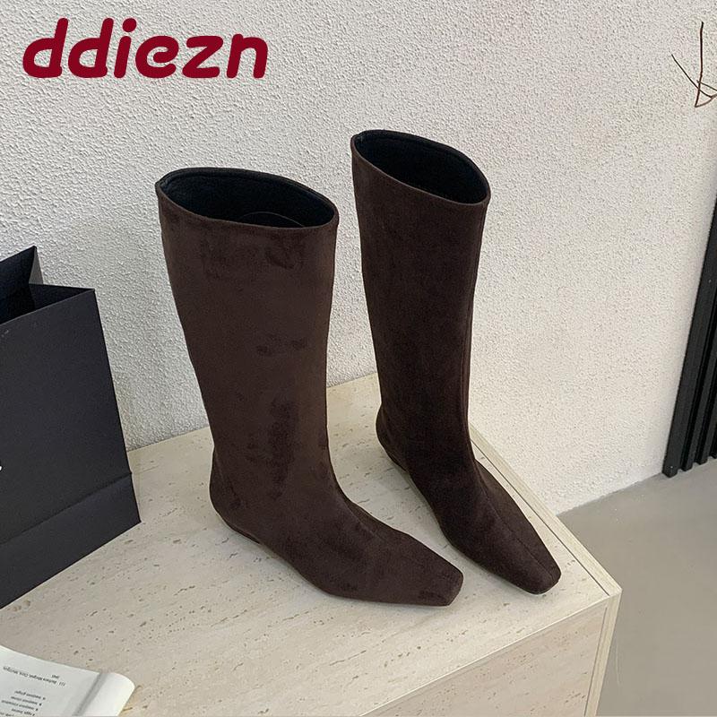 Fashion Flock Fashion Flats Women Knee High Boots Casual Female Slip On Shoes Pointed Toe Ladies Long Modern Boots Shoes