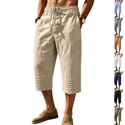 Herren Relaxed Fit Leinen Sieben-Viertel-Länge Knitteroptik Strandshorts mit Faltenzugband Taille Lässiger Stil