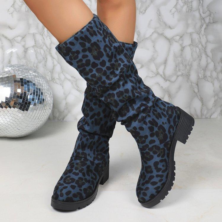 Fashion 2026 women's new pleated mid leg boots for autumn/winter thick soled suede leopard print women's boots