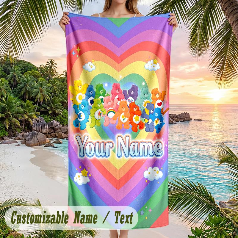 Care Bears Strandtuch, Personalisierter Custom-Text, Schnelltrocknendes Weiches Großes Handtuch für Schwimmbad Reisen