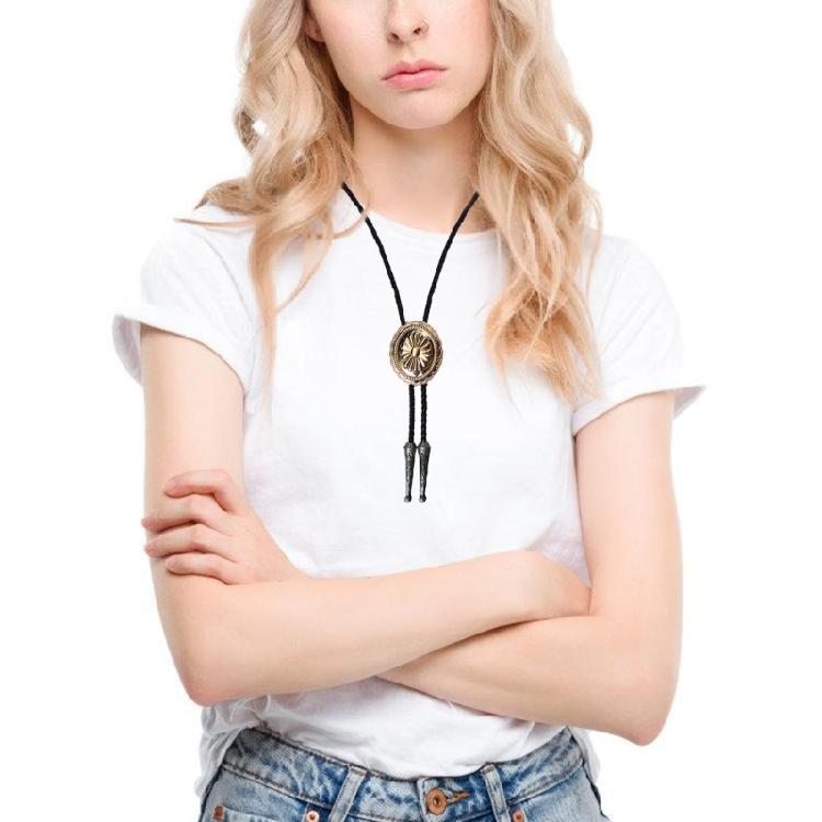 Western Cowboy Vintage Metal Flower Bolo Tie Adjustable Braided Rope Necktie Feathered Pendant Charm Jewelry Necklace