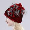 Brand Women Genuine Rex Rabbit Fur Hats Winter Rex Rabbit Fur Beanies Striped Top Flower Fox Fur Warm Real Fur Knit Caps