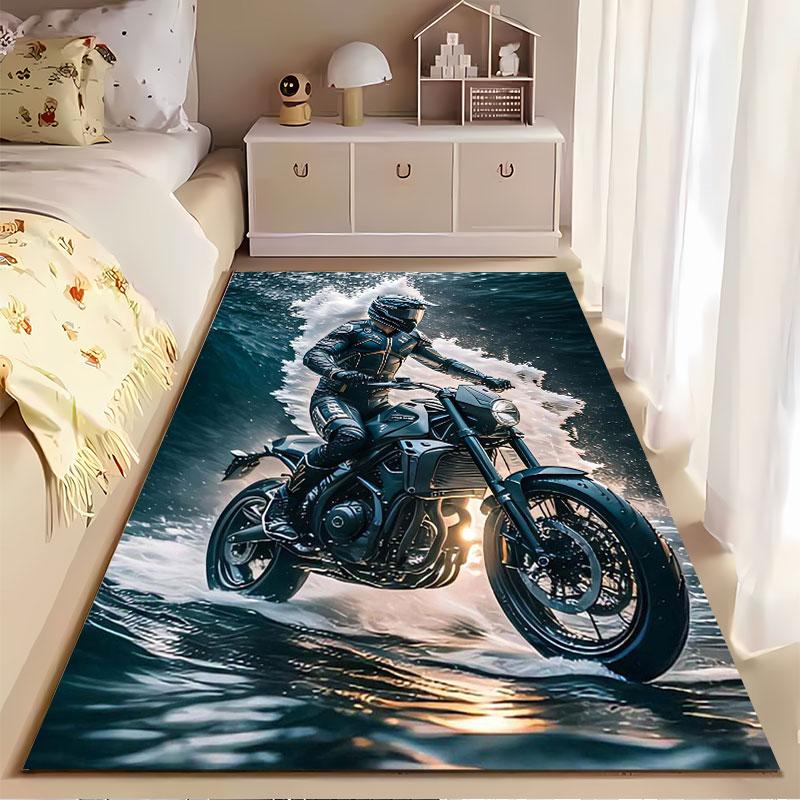 Motorcyclist Riding Through Waves suitable as a non-slip mat for the living room or bedroom sofa