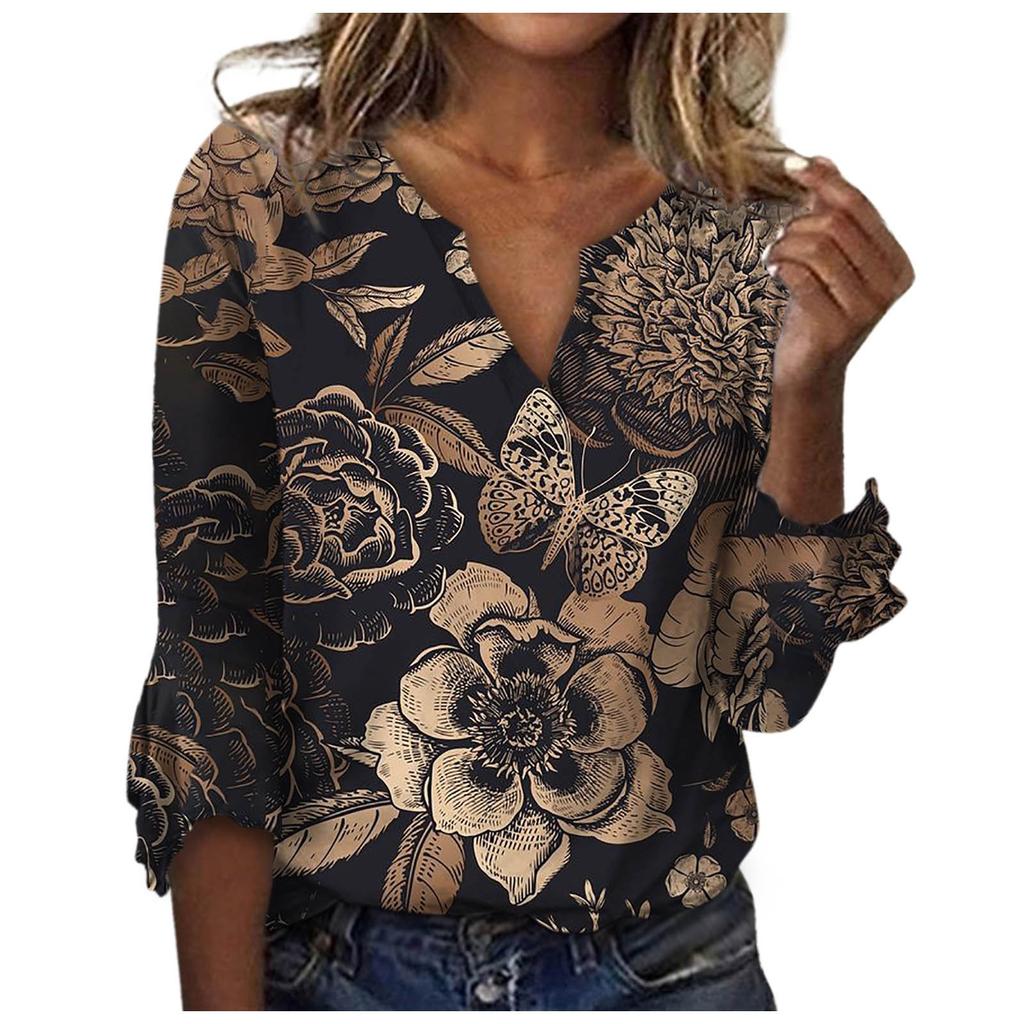 Ladies Loose Casual Three-quarter Sleeves V-neck Lace Floral Print T-shirt Top