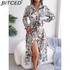 BITCED Damen Retro Floral Kragen Langarm Hemdkleid für Frühling Sommer