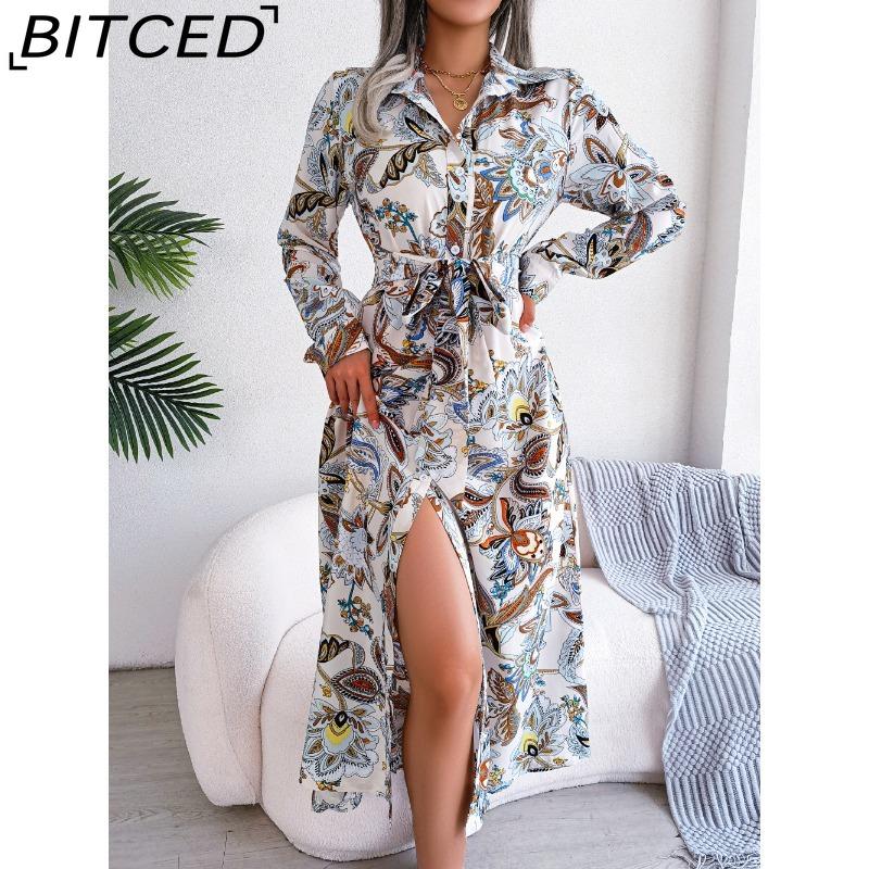 BITCED Women's Retro Floral Collar Long Sleeve Shirt Dress for Spring Summer