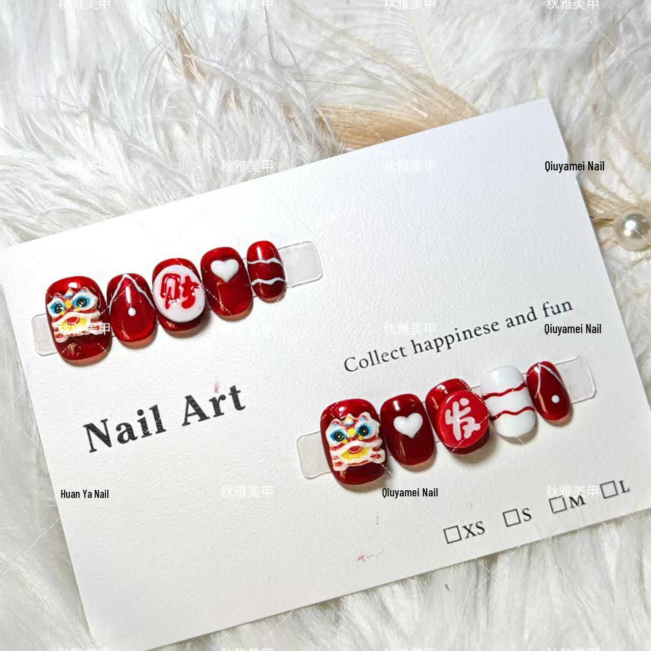 

Накладные ногти ручной работы: Ослепительный красный кошачий глаз, Танец льва Гочао, 3D ручная роспись, Дизайн к китайскому Новому году Medium