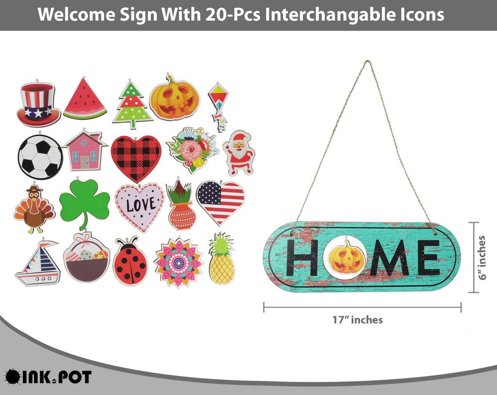 Inkdotpot Welcome Sign Front Door Decorations Hanging Rustic Wood Seasonal Holiday Ornaments Housewarming GiftWall Hanging 17" Inches