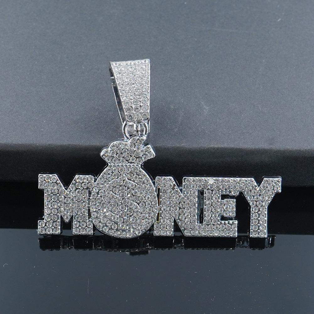 New Men's Full Diamond Chain Hip Hop Style Personalized English MONEY Pendant Necklace