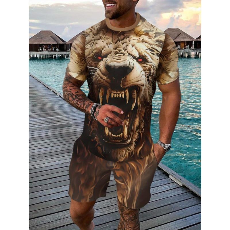 Men s Trendy Graphic Two-Piece: Printed T-Shirt with Matching Drawstring Pants. Wild Lion Pattern Set for Gym & Sports Training S разноцветный