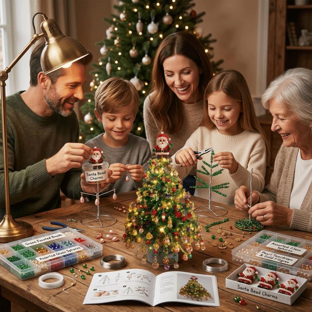 Handmade DIY Beaded Christmas Tree Kit with Light Up Crystal Bead Mini Bead Weaving Set Colorful Sparkling Tabletop Xmas Tree