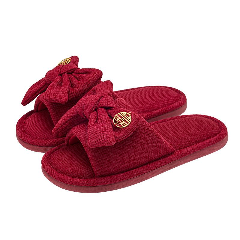 Lidani burgundy slippers wedding a pair of four seasons festive new bride senior morning robe couple wedding shoes