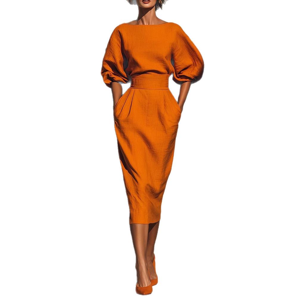 Frühlings- und Herbst-Französisches Retro-Elegantes Kleid, U-Boot-Ausschnitt Ballonärmel Mittlere Taille Faltenrock, Außenhandels-Bestseller