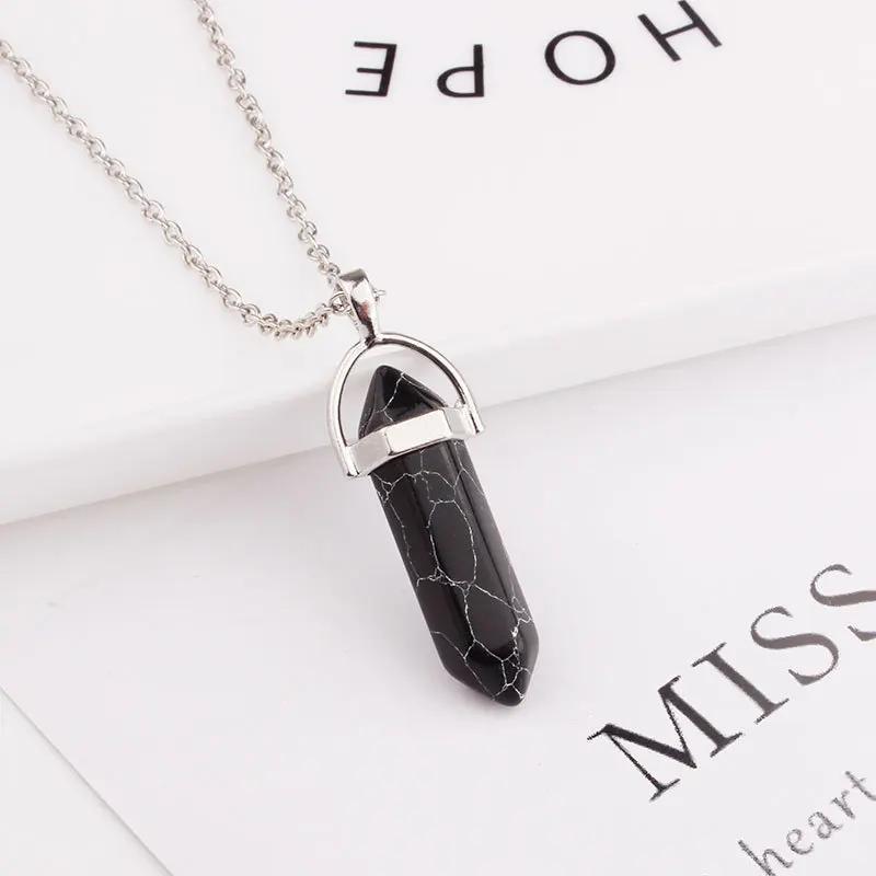 Hexagonal Column Pointed Reiki Chakra Natural Stone Pendant Necklace Women Girl Gift18inch Chain Lapis Opal Chunky Jewelry