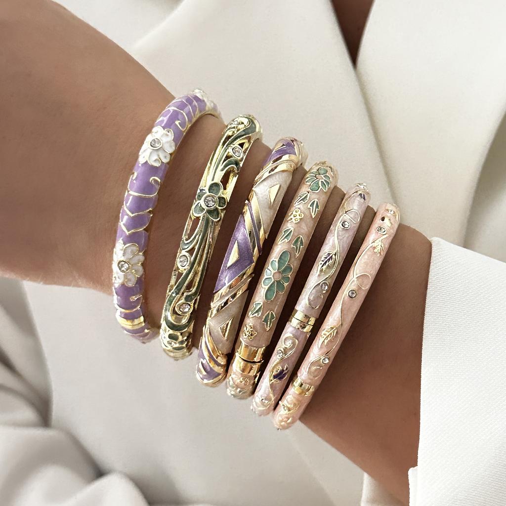 Elegant Enamel Dropped Glaze Flower Texture Bracelet For Women Retro Gold Plated Evil Eye Floral Zircon Bangle Party Jewelry