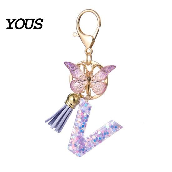 Key Holder For Backpack Purple Series Keychain Pendant, Sequins Star Initial Letter Charm Chain with Butterfly Tassel Design, A-Z for Bag