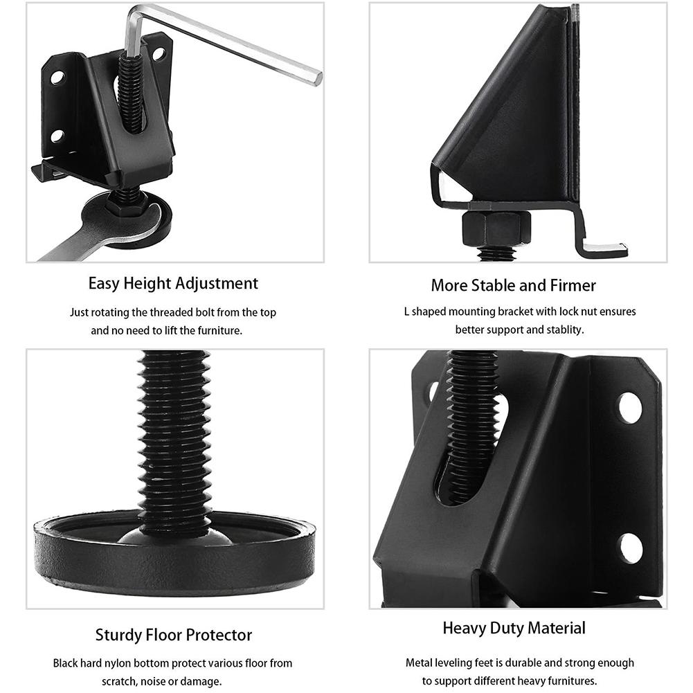 4 Adjustable Furniture Leg Leveling Feet with Lock Nuts and Screws for Cabinets Tables and Workbenches Support
