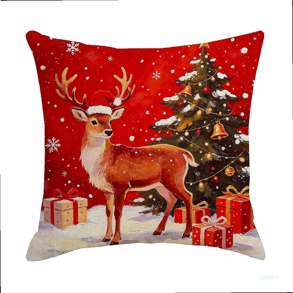 Christmas Pillowcase Grey Red Cartoon Santa Snowman Elk Sofa Cushion Cover Home Bed Car Decor Merry Christmas 45cm X 45cm