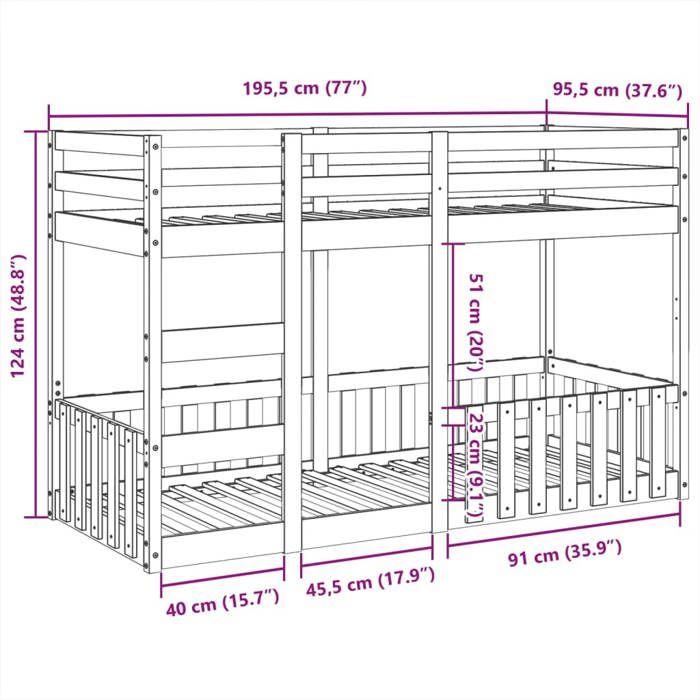 VidaXL Bunk Bed White 90x190 Cm Solid Pine Wood, Low Bunk Bed Frame, Bedroom Furniture, Frame of 3308593