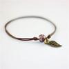 Vintage Leaf Bracelet Small Bell and Colorful Flower Glazed Ceramic Bead Pendant Leather Rope Anklet Women Ethnic Style Pulseras