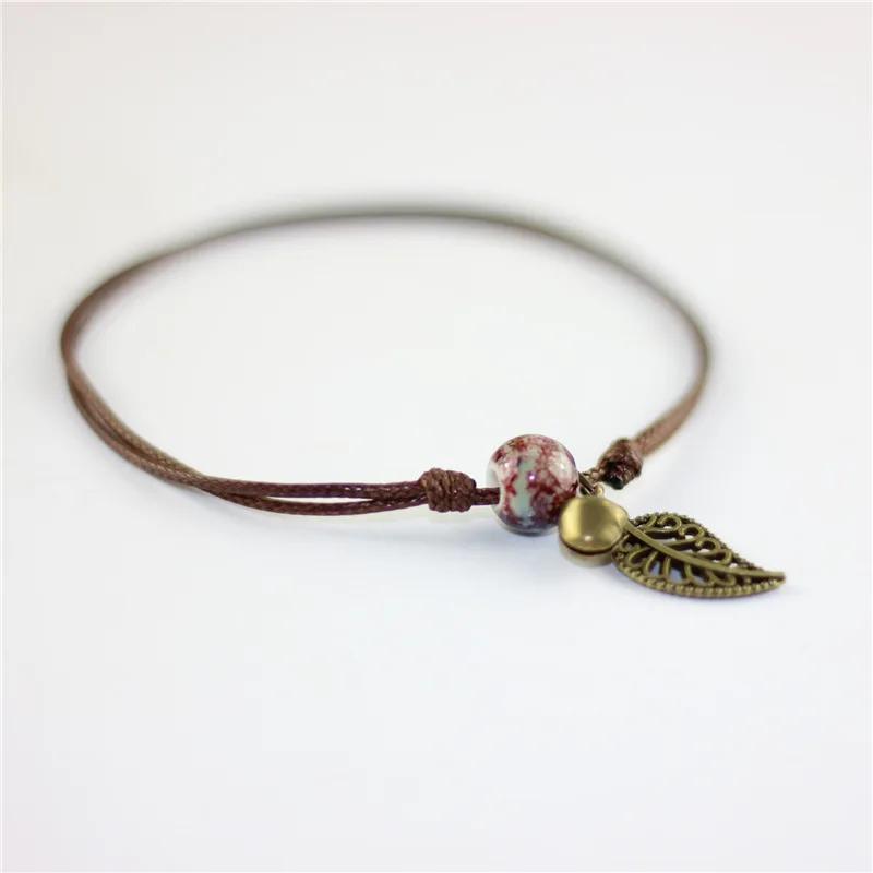 Vintage Leaf Bracelet Small Bell and Colorful Flower Glazed Ceramic Bead Pendant Leather Rope Anklet Women Ethnic Style Pulseras