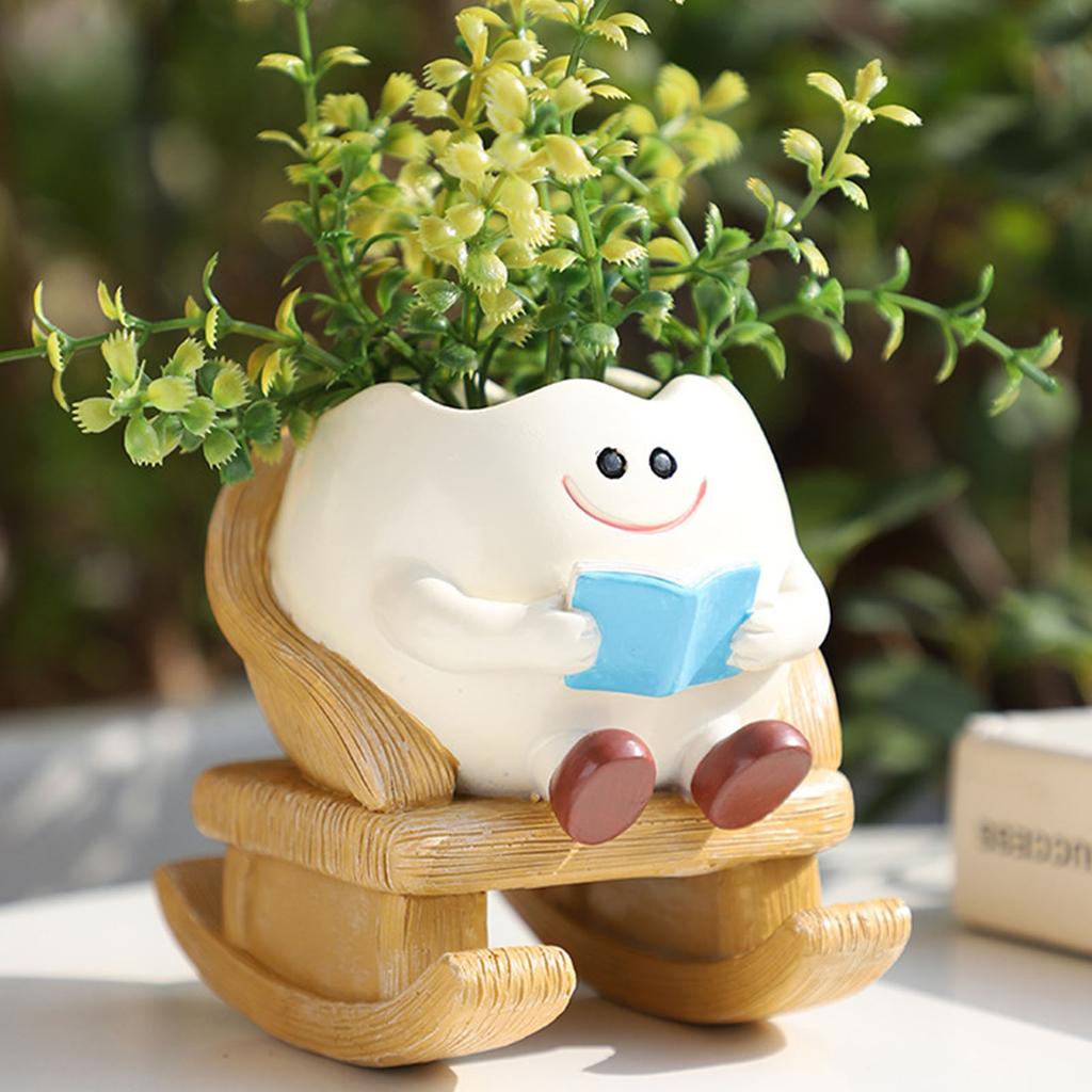 Cute Sit Rocking Chair Succulents Flower Pots with Drain Hole Smile Faces Planter Pot, Cartoon Resin Pot for Indoor