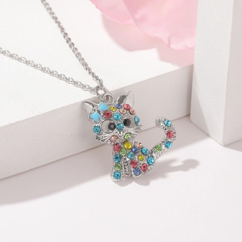 Cat Jewelry Set for Girls Necklace Bracelet Ring Stud Earring Sets for Kids Rainbow Rhinestones Jewelry for Women Girls
