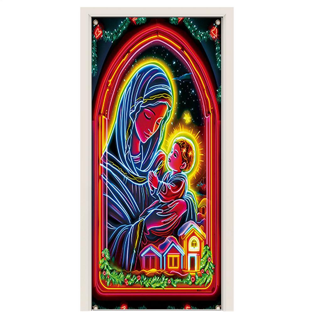 Christmas Door Cover Decoration Fabric Fluorescent Religious Jesus Scene Backdrop Christmas Porch Sign Banner Decor For Indoor