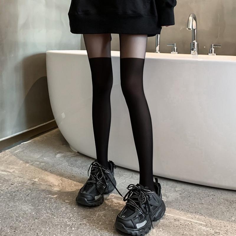 Women's Spring-Autumn Thin Spliced Black Stockings - Calf-Length, Fake Over-the-Knee Pantyhose