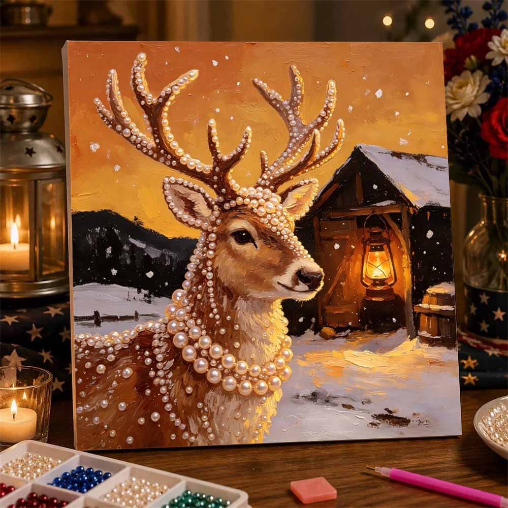 DIY Mini Framed Pearl Bead Art Kit Winter Deer Design Sparkling Canvas Painting Relaxing Craft for Adults Gift Home Decor Set