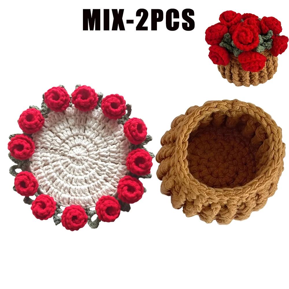 Hand Held Rose Bouquet Coasters Handmade Wool Crochet Cups Transformed Into Creative Birthday Gift Flower Coasters