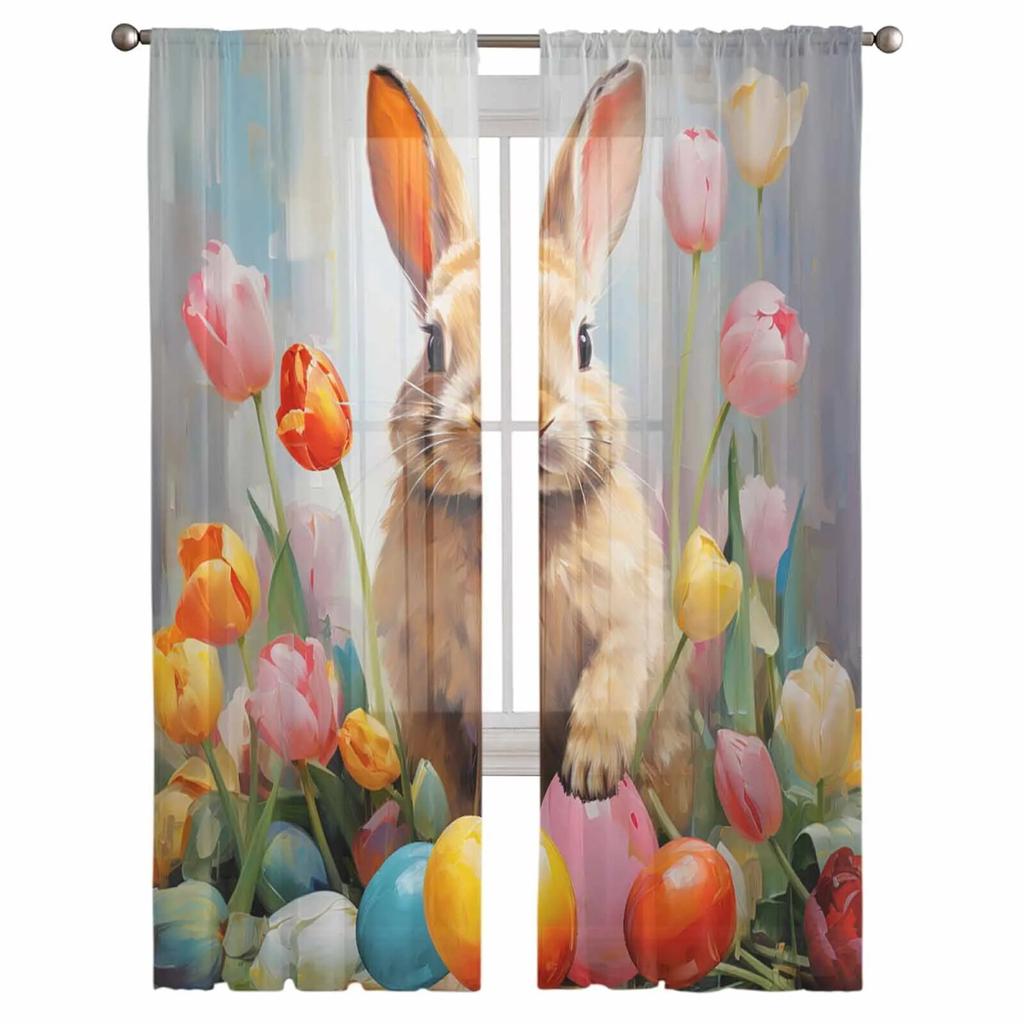 Easter Tulips Eggs Bunny Tulle Curtains For Living Room Sheer Curtain For Bedroom Kitchen Blinds Voile Curtains