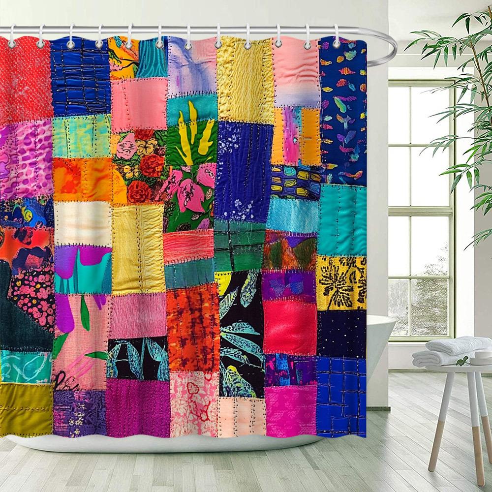 Vibrant Patchwork Print Waterproof Shower Curtain For Bathroom, Colorful Quilt Design High-End Toilet Partition Curtain