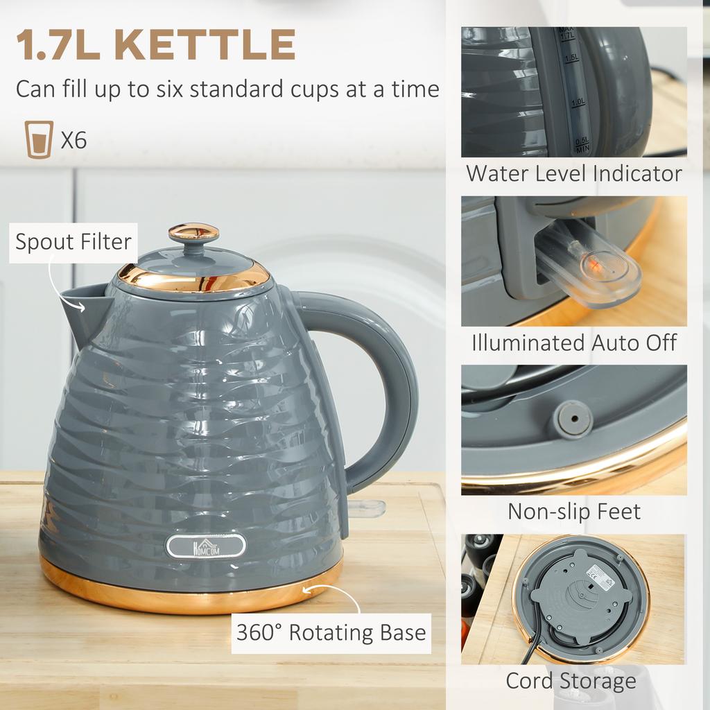 3000W 1.7L Rapid Boil Kettle & 2 Slice Toaster, Kettle and Toaster Set with 7 Browning Controls and Crumb Tray, Grey