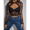 Sexy Lace Hollow Out Long Sleeve Fitted Top With Flower Pattern A1299