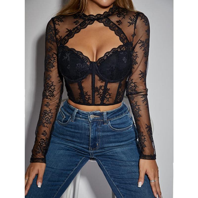 Sexy Lace Hollow Out Long Sleeve Fitted Top With Flower Pattern A1299