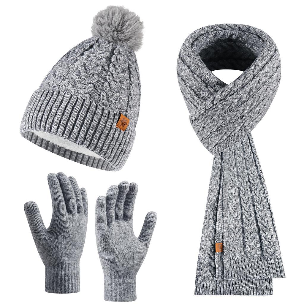 Winter Knitted Hat Scarf Gloves Three-piece Set Double-layer Piled Thickened Warm Wool Knitted Hat Wheat Ears