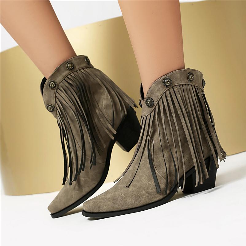 FOREADA Women Ankle Cowboy Boots Round Toe Block High Heels Western Boots Metal Decoration Tassel Cowgirl Short Boots Lady Fashion Shoes Autumn Winter